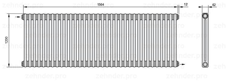 Схема (чертеж) Радиатор Zehnder Charleston 2120/34 №1670 Белый глянцевый RAL 9016